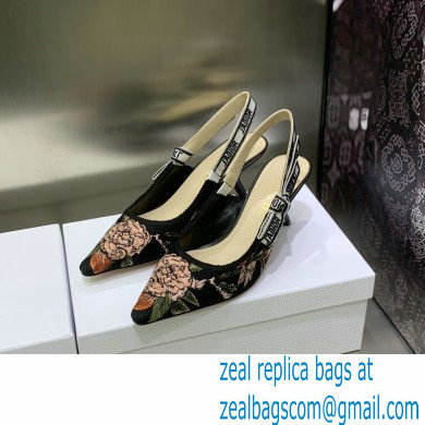 Dior Heel 6.5cm J'Adior Slingback Pumps in Black Multicolor Cotton with Dior Jardin Botanique Embroidery 2023