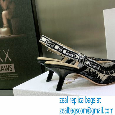 Dior Heel 6.5cm J'Adior Slingback Pumps in Black Transparent Mesh Embroidered with Dior Roses Motif 2023