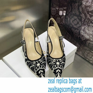 Dior Heel 6.5cm J'Adior Slingback Pumps in Black/White Ornamental Embroidered Cotton 2023