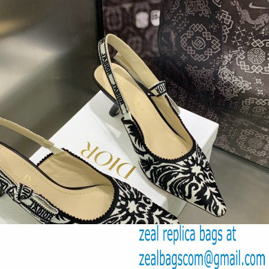 Dior Heel 6.5cm J'Adior Slingback Pumps in Black/White Ornamental Embroidered Cotton 2023