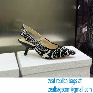 Dior Heel 6.5cm J'Adior Slingback Pumps in Black/White Ornamental Embroidered Cotton 2023