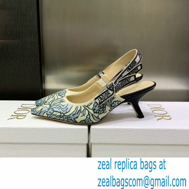 Dior Heel 6.5cm J'Adior Slingback Pumps in Blue Brocart Embroidered Cotton with Gold-Tone Metallic Thread 2023