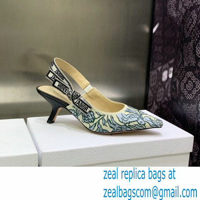 Dior Heel 6.5cm J'Adior Slingback Pumps in Blue Brocart Embroidered Cotton with Gold-Tone Metallic Thread 2023