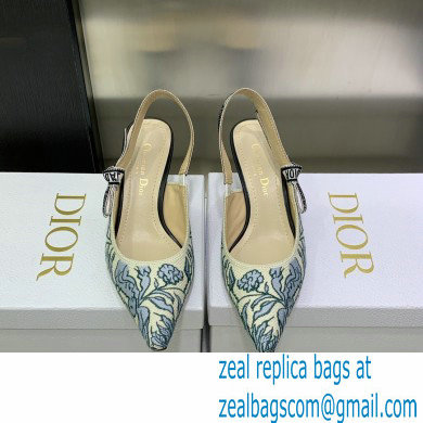 Dior Heel 6.5cm J'Adior Slingback Pumps in Blue Brocart Embroidered Cotton with Gold-Tone Metallic Thread 2023