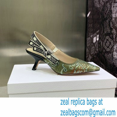 Dior Heel 6.5cm J'Adior Slingback Pumps in Green Brocart Embroidered Cotton with Gold-Tone Metallic Thread 2023