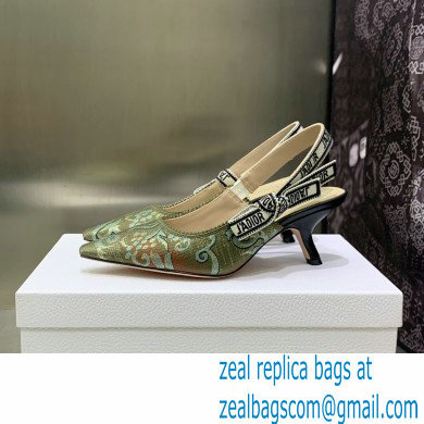 Dior Heel 6.5cm J'Adior Slingback Pumps in Green Brocart Embroidered Cotton with Gold-Tone Metallic Thread 2023