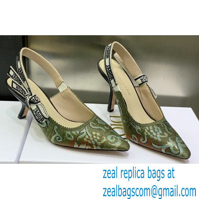 Dior Heel 6.5cm J'Adior Slingback Pumps in Green Brocart Embroidered Cotton with Gold-Tone Metallic Thread 2023