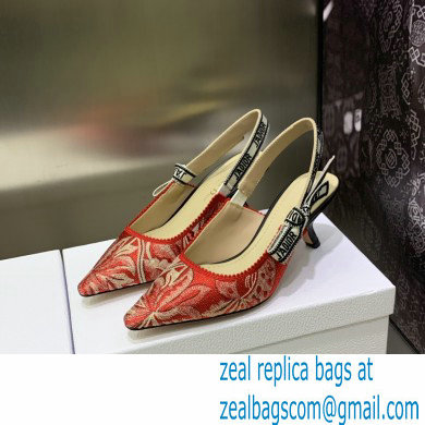 Dior Heel 6.5cm J'Adior Slingback Pumps in Red Brocart Embroidered Cotton with Gold-Tone Metallic Thread 2023
