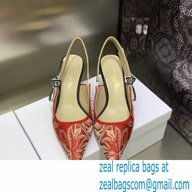 Dior Heel 6.5cm J'Adior Slingback Pumps in Red Brocart Embroidered Cotton with Gold-Tone Metallic Thread 2023