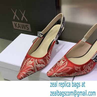 Dior Heel 6.5cm J'Adior Slingback Pumps in Red Brocart Embroidered Cotton with Gold-Tone Metallic Thread 2023