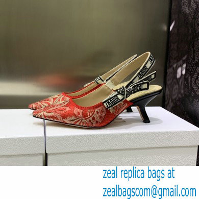 Dior Heel 6.5cm J'Adior Slingback Pumps in Red Brocart Embroidered Cotton with Gold-Tone Metallic Thread 2023