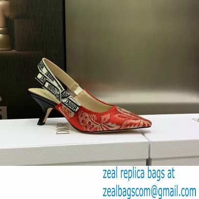 Dior Heel 6.5cm J'Adior Slingback Pumps in Red Brocart Embroidered Cotton with Gold-Tone Metallic Thread 2023