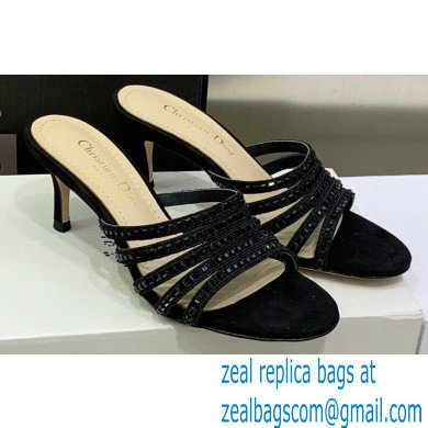 Dior Heel 7cm Gem Slides Black in Cotton Metallic Thread Embroidery with Square Strass 2023
