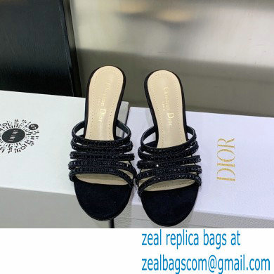 Dior Heel 7cm Gem Slides Black in Cotton Metallic Thread Embroidery with Square Strass 2023