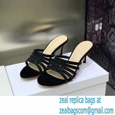 Dior Heel 7cm Gem Slides Black in Cotton Metallic Thread Embroidery with Square Strass 2023 - Click Image to Close