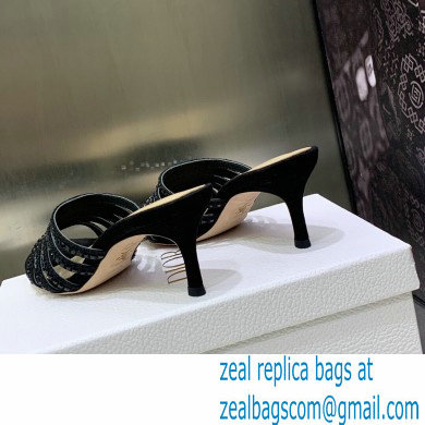 Dior Heel 7cm Gem Slides Black in Cotton Metallic Thread Embroidery with Square Strass 2023