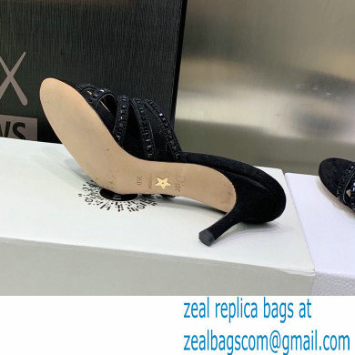 Dior Heel 7cm Gem Slides Black in Cotton Metallic Thread Embroidery with Square Strass 2023