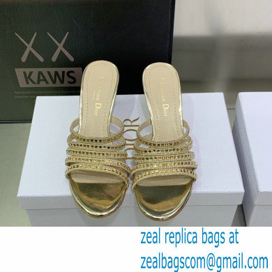 Dior Heel 7cm Gem Slides Gold in Cotton Metallic Thread Embroidery with Square Strass 2023 - Click Image to Close