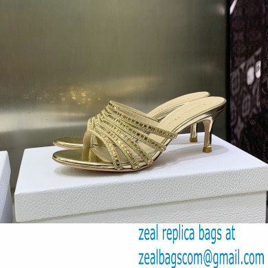 Dior Heel 7cm Gem Slides Gold in Cotton Metallic Thread Embroidery with Square Strass 2023