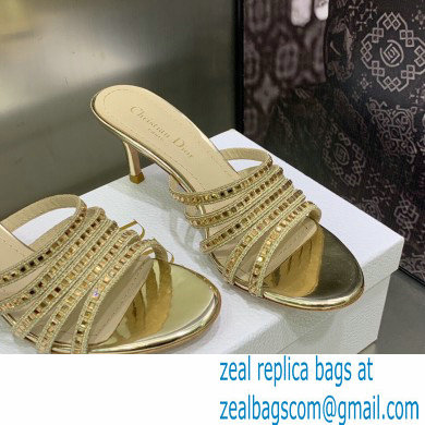 Dior Heel 7cm Gem Slides Gold in Cotton Metallic Thread Embroidery with Square Strass 2023