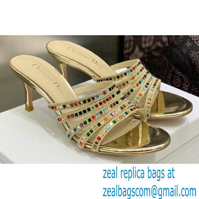 Dior Heel 7cm Gem Slides Multicolor in Cotton Metallic Thread Embroidery with Square Strass 2023