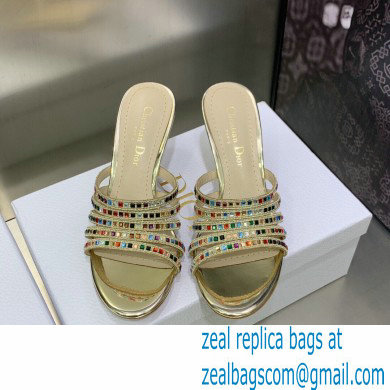 Dior Heel 7cm Gem Slides Multicolor in Cotton Metallic Thread Embroidery with Square Strass 2023