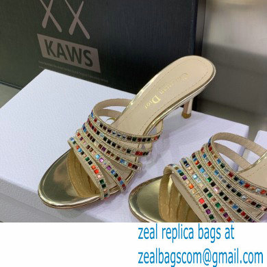 Dior Heel 7cm Gem Slides Multicolor in Cotton Metallic Thread Embroidery with Square Strass 2023