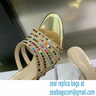 Dior Heel 7cm Gem Slides Multicolor in Cotton Metallic Thread Embroidery with Square Strass 2023 - Click Image to Close