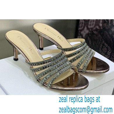 Dior Heel 7cm Gem Slides Silver in Cotton Metallic Thread Embroidery with Square Strass 2023