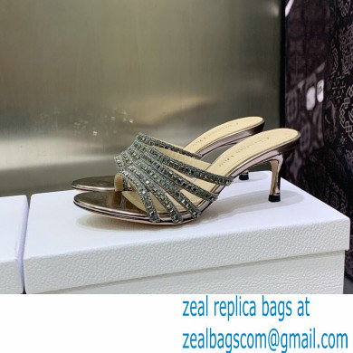 Dior Heel 7cm Gem Slides Silver in Cotton Metallic Thread Embroidery with Square Strass 2023