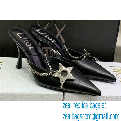 Dior Heel 8.5cm Chain and Star Pointed Toe Mules Black 2023