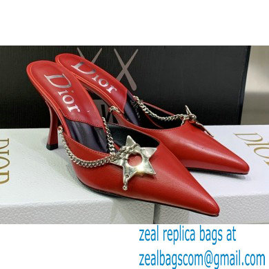 Dior Heel 8.5cm Chain and Star Pointed Toe Mules Red 2023