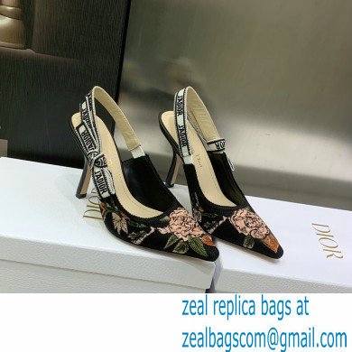 Dior Heel 9.5cm Black Multicolor Cotton with Dior Jardin Botanique Embroidery J'Adior Slingback Pump 2023