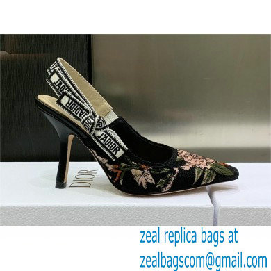 Dior Heel 9.5cm Black Multicolor Cotton with Dior Jardin Botanique Embroidery J'Adior Slingback Pump 2023