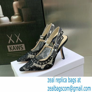 Dior Heel 9.5cm Black Transparent Mesh Embroidered with Dior Roses Motif J'Adior Slingback Pump 2023