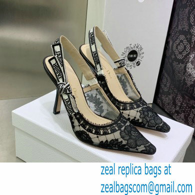 Dior Heel 9.5cm Black Transparent Mesh Embroidered with Dior Roses Motif J'Adior Slingback Pump 2023