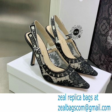 Dior Heel 9.5cm Black Transparent Mesh Embroidered with Dior Roses Motif J'Adior Slingback Pump 2023 - Click Image to Close