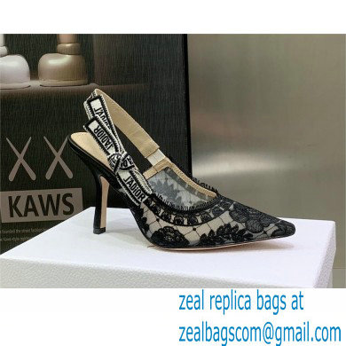 Dior Heel 9.5cm Black Transparent Mesh Embroidered with Dior Roses Motif J'Adior Slingback Pump 2023 - Click Image to Close