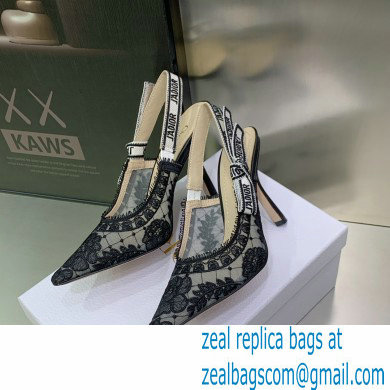 Dior Heel 9.5cm Black Transparent Mesh Embroidered with Dior Roses Motif J'Adior Slingback Pump 2023