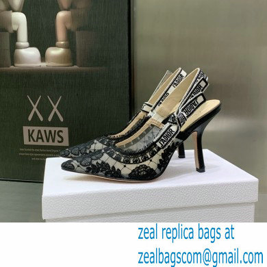 Dior Heel 9.5cm Black Transparent Mesh Embroidered with Dior Roses Motif J'Adior Slingback Pump 2023