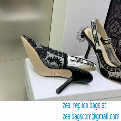 Dior Heel 9.5cm Black Transparent Mesh Embroidered with Dior Roses Motif J'Adior Slingback Pump 2023