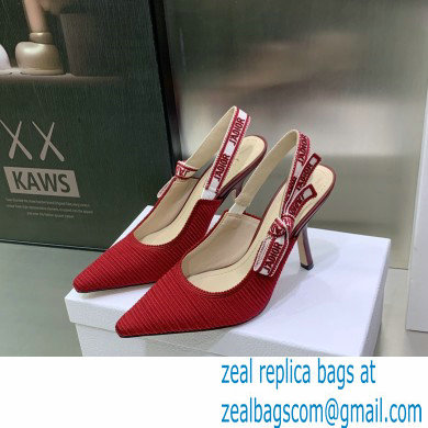 Dior Heel 9.5cm Cherry Red Embroidered Cotton J'Adior Slingback Pump 2023 - Click Image to Close