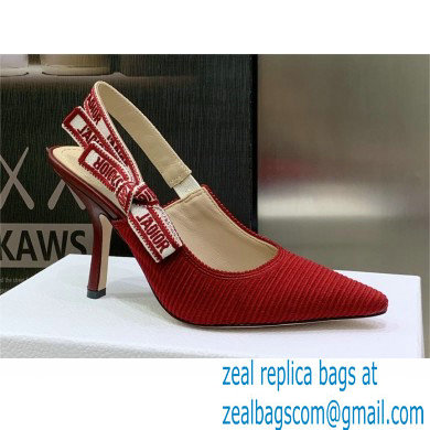 Dior Heel 9.5cm Cherry Red Embroidered Cotton J'Adior Slingback Pump 2023 - Click Image to Close