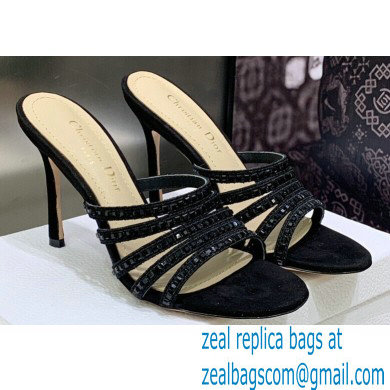 Dior Heel 9.5cm Gem Slides Black in Cotton Metallic Thread Embroidery with Square Strass 2023