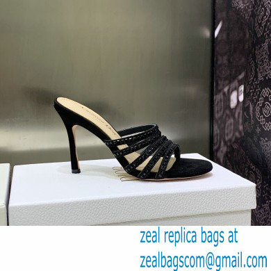 Dior Heel 9.5cm Gem Slides Black in Cotton Metallic Thread Embroidery with Square Strass 2023