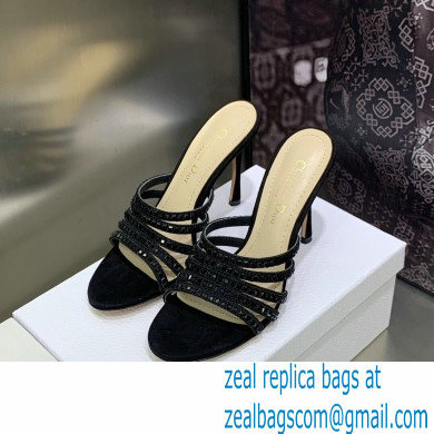 Dior Heel 9.5cm Gem Slides Black in Cotton Metallic Thread Embroidery with Square Strass 2023