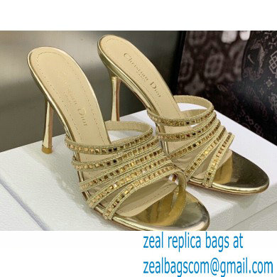 Dior Heel 9.5cm Gem Slides Gold in Cotton Metallic Thread Embroidery with Square Strass 2023 - Click Image to Close