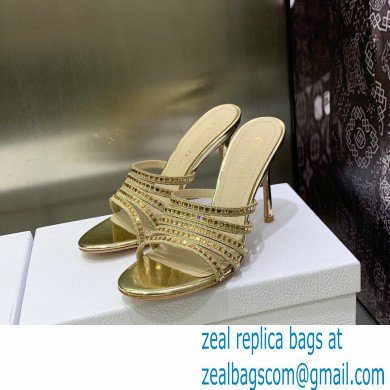 Dior Heel 9.5cm Gem Slides Gold in Cotton Metallic Thread Embroidery with Square Strass 2023