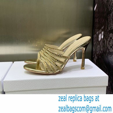 Dior Heel 9.5cm Gem Slides Gold in Cotton Metallic Thread Embroidery with Square Strass 2023