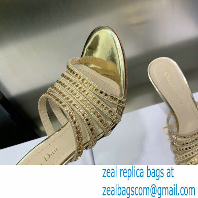 Dior Heel 9.5cm Gem Slides Gold in Cotton Metallic Thread Embroidery with Square Strass 2023